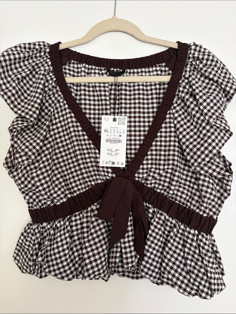 Zara Brown and White Gingham Tie-Front Ruffle Top